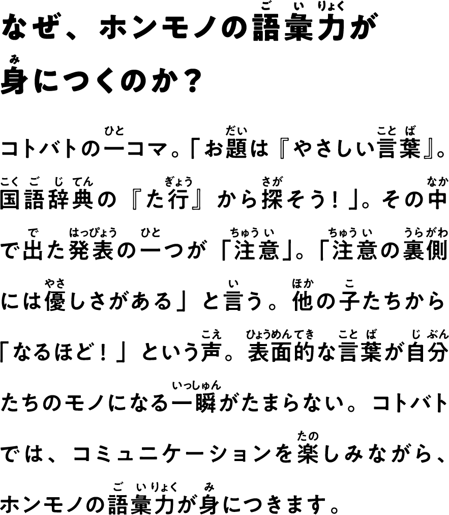 なぜ、ホンモノの語彙力が身につくのか？　コトバトの一コマ。「お題は『やさしい言葉』。国語辞典の『た行』から探そう！」。 その中で出た発表の一つが「注意」。「注意の裏側には優しさがある」と言う。他の子たちから「なるほど！」という声。表面的な言葉が自分たちのモノになる一瞬がたまらない。コトバトでは、コミュニケーションを楽しみながら、ホンモノの語彙力が身につきます。